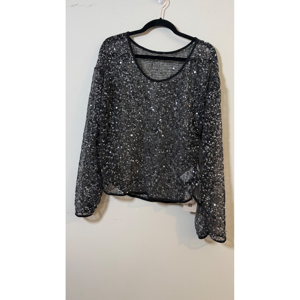Musera Sequin Mesh To Black Silver Long Sleeve Glam Party Size Large